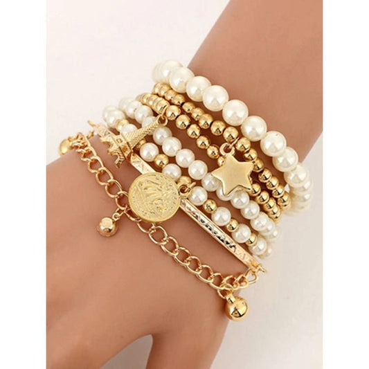 Parisian Charm Layered Bracelet Set – Elegant Gold & Pearl Stack