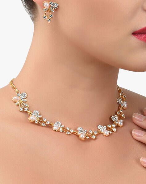 Set of Elegant Pearl & Crystal Floral Jewelry Set – Timeless Beauty for Every Occasion